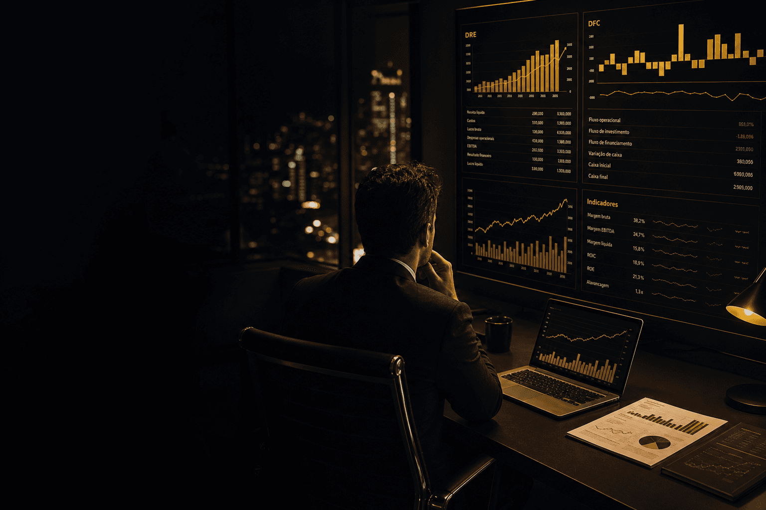 Consultor financeiro analisando indicadores, DRE e DFC no FinHub num escritório à noite