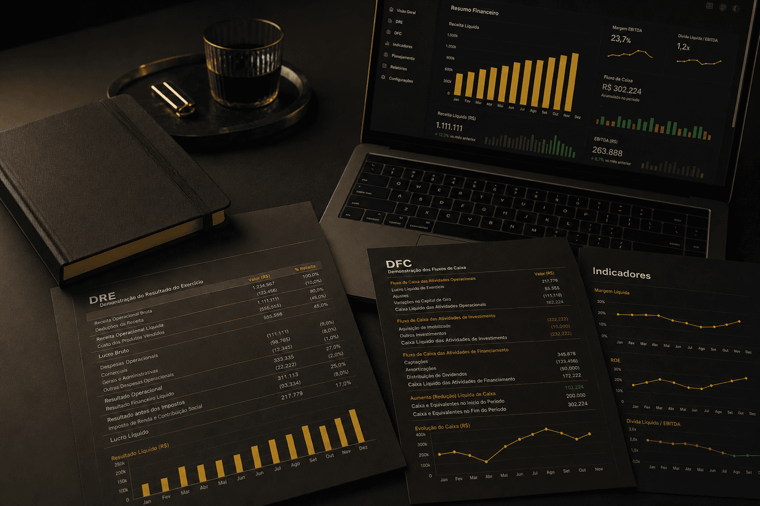 Mesa de planejamento financeiro com relatórios DRE, DFC e indicadores e o FinHub aberto no notebook