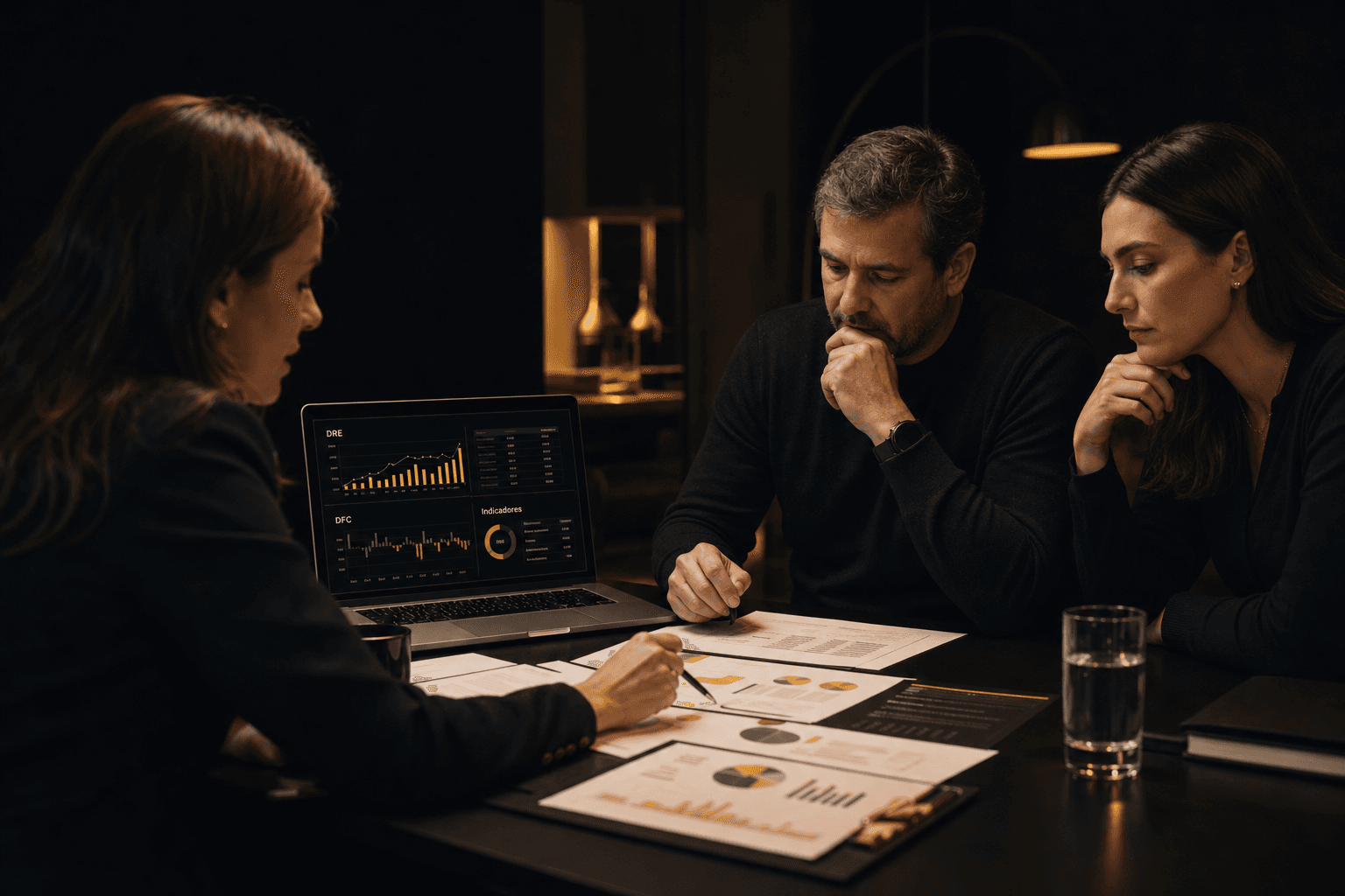 Consultor financeiro apresentando indicadores e relatórios do FinHub para dois empresários